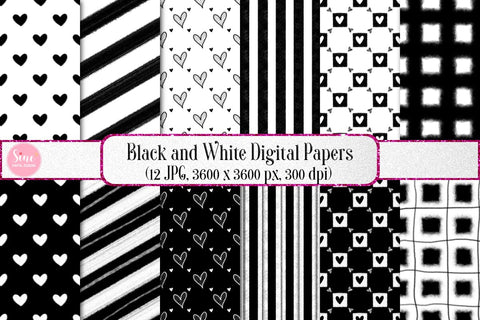 Black and White Digital Papers Backgrounds Set Digital Pattern SineDigitalDesign 