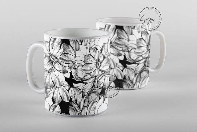 Black and White Flower Print Mug Design, Floral Sublimation Wrap, Earthy Boho Floral Mug Wrap, 11 & 15 Oz Mug Cricut Press Sublimation Wrap Sublimation Syre Digital Creations 
