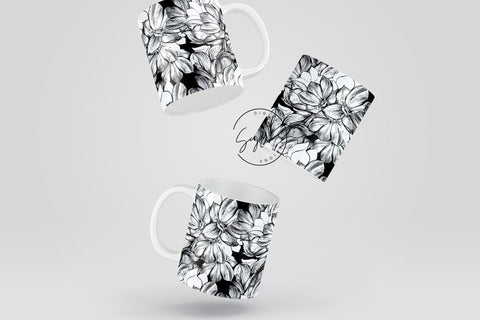 Black and White Flower Print Mug Design, Floral Sublimation Wrap, Earthy Boho Floral Mug Wrap, 11 & 15 Oz Mug Cricut Press Sublimation Wrap Sublimation Syre Digital Creations 