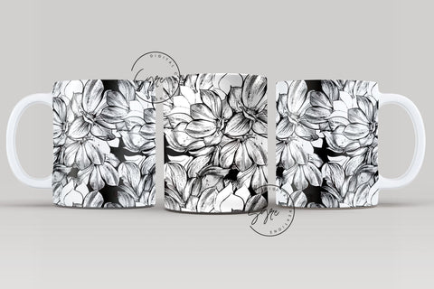 Black and White Flower Print Mug Design, Floral Sublimation Wrap, Earthy Boho Floral Mug Wrap, 11 & 15 Oz Mug Cricut Press Sublimation Wrap Sublimation Syre Digital Creations 