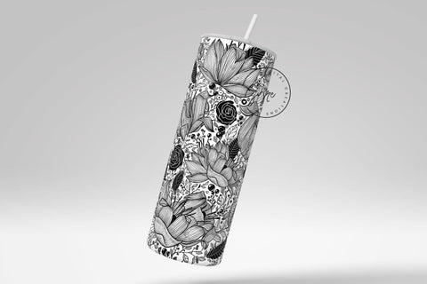 Black and White Flower Print Tumbler PNG, Seamless Floral Sublimation, 20 oz Skinny Tumbler, Boho Floral Tumbler, Earthy Tumbler Wrap PNG, Digital Download Sublimation Syre Digital Creations 
