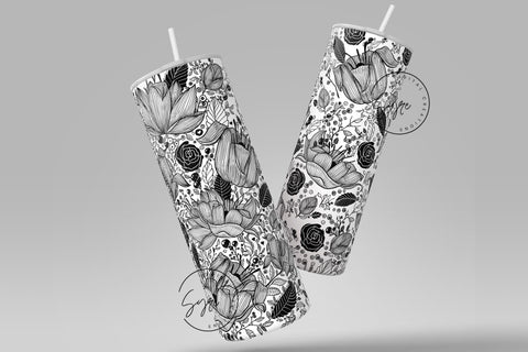Black and White Flower Print Tumbler PNG, Seamless Floral Sublimation, 20 oz Skinny Tumbler, Boho Floral Tumbler, Earthy Tumbler Wrap PNG, Digital Download Sublimation Syre Digital Creations 