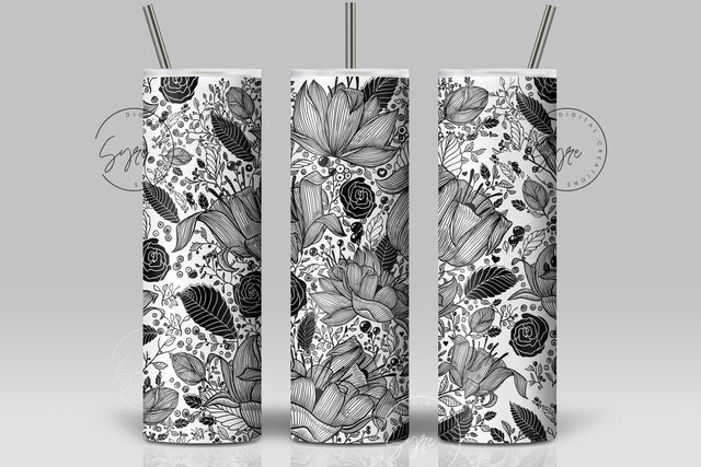 Black and White Flower Print Tumbler PNG, Seamless Floral Sublimation, 20 oz Skinny Tumbler, Boho Floral Tumbler, Earthy Tumbler Wrap PNG, Digital Download Sublimation Syre Digital Creations 