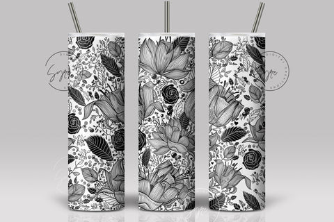 Black and White Flower Print Tumbler PNG, Seamless Floral Sublimation, 20 oz Skinny Tumbler, Boho Floral Tumbler, Earthy Tumbler Wrap PNG, Digital Download Sublimation Syre Digital Creations 