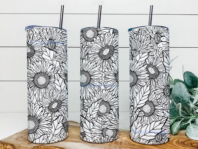 Black and White Sunflowers Sublimation Tumbler Seamless Sublimation Designs Downloads, Skinny Tumbler 20oz Design Sublimation iStyleDesign 