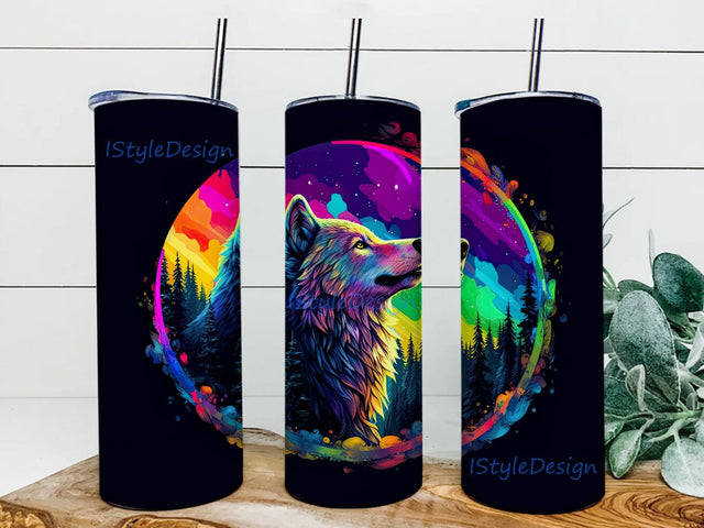 Black Background Colorful Wolf 20oz Skinny Tumbler Png, Wolf Logo The Colorful Wolf Howling At The Moon Pine Trees Png, 3D Dreamcatcher Wolf Colorful Tumbler Sublimation iStyleDesign 