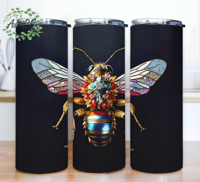Black Background Encrusted Bee With Colorful 20oz Skinny Tumbler Png, 3D Queen Bee Tumbler, Diamond Bee Tumbler, Bee Sublimation Design Sublimation AdriOP 
