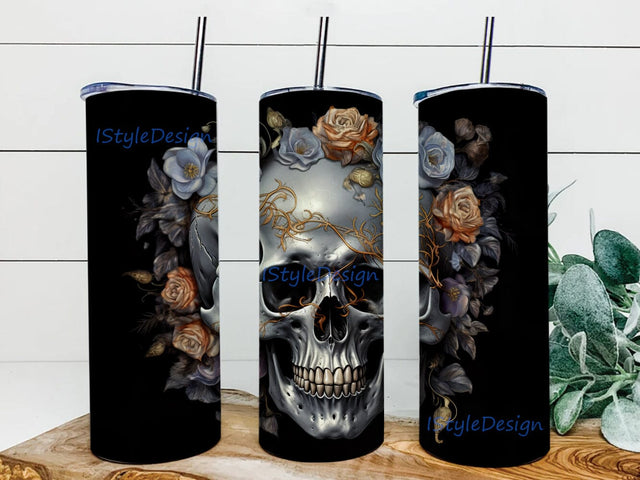 Black Background Gray Skull Flower 20oz Skinny Tumbler Png, Rose Floral Tumbler, Black Skull And Roses Tumbler, Floral Skull Tumbler Wrap, Skull Tumbler Png, 3D Gothic Flowers Skull Png Sublimation iStyleDesign 