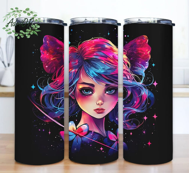 Black Background Rainbow Hair Girl 20oz Skinny Tumbler Png, Sagitatrius Girl Galaxy Rainbow Colorful In Black Background Tumbler, Colorful Beautiful Girl Tumbler Sublimation AdriOP 