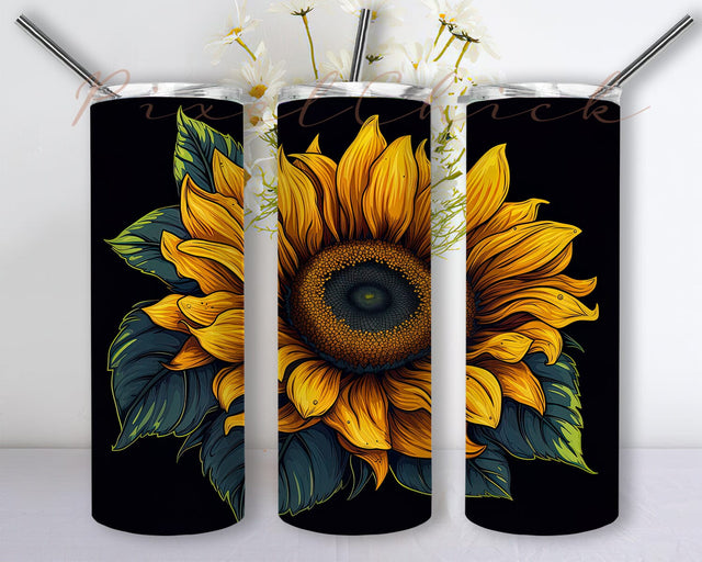 Black Background Sunflower 20oz Skinny Tumbler Sublimation Design Png, Sunflower Tumbler Wrap Design, Sunflower Faith Cross Tumbler, Vintage Sunflowers Tumbler, Watercolor Flowers Sublimation PixelChick 