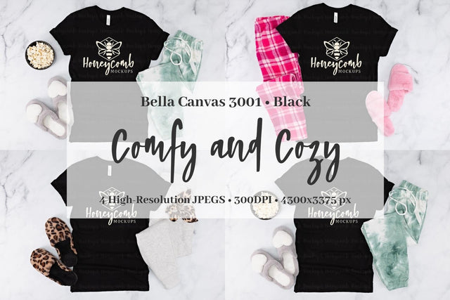 Black Bella Canvas 3001 Mockup Bundle, Women's Black T-Shirt Mockup, Comfy and Cozy Mockup Mock Up Photo Honeycomb Mockups 