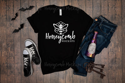 Black Bella Canvas 3001 Mockup, Halloween Mockup, Women's Black T-Shirt Mockup Mock Up Photo Honeycomb Mockups 