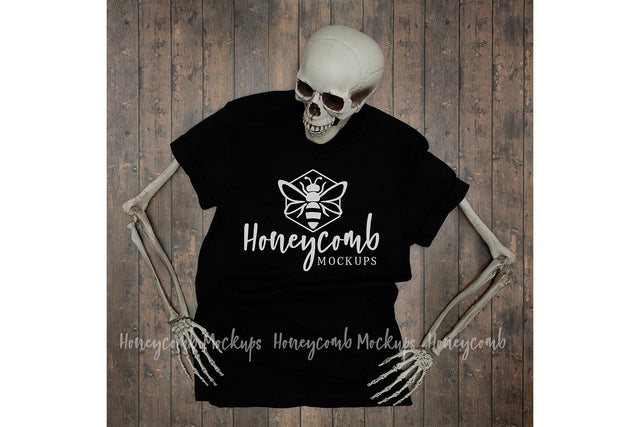 Black Bella Canvas 3001 Mockup, Halloween Mockup, Women's Black T-Shirt Mockup, Skeleton Mockup Mock Up Photo Honeycomb Mockups 