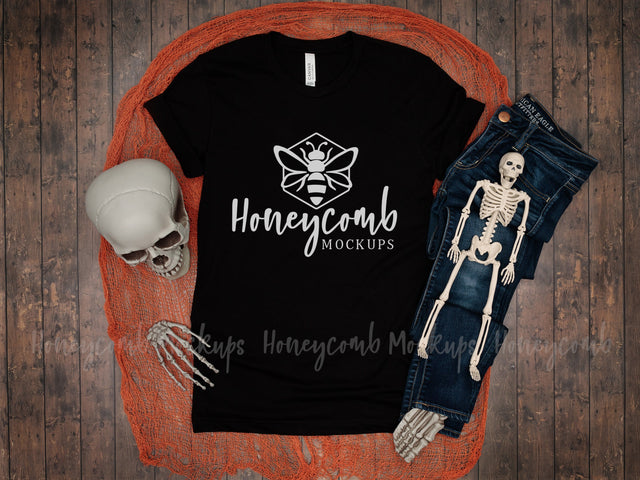 Black Bella Canvas 3001 Mockup, Mockup Halloween, Women's Black T-Shirt Mockup, Skeleton Mockup Mock Up Photo Honeycomb Mockups 