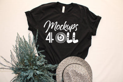 Black Bella Canvas 3001 Mockup Shirt Unisex Men's Women's Mock-Up Flat Lay Tee Wood Background Mock Up T-Shirt Template, Cool Tshirt Mockup Mock Up Photo ArtStudio 