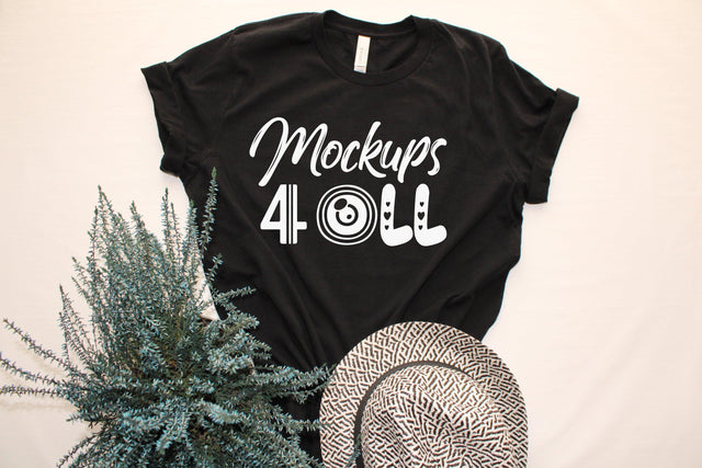 Black Bella Canvas 3001 Mockup Shirt Unisex Men's Women's Mock-Up Flat Lay Tee Wood Background Mock Up T-Shirt Template, Cool Tshirt Mockup Mock Up Photo ArtStudio 