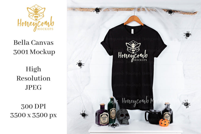 Black Bella Canvas 3001 T-Shirt Mockup, Halloween Mockup, Hanging Mockup. Black T-Shirt Mockup Mock Up Photo Honeycomb Mockups 