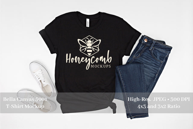 Black Bella Canvas 3001 T-Shirt Mockup, Women's T-Shirt Mockup Mock Up Photo Honeycomb Mockups 