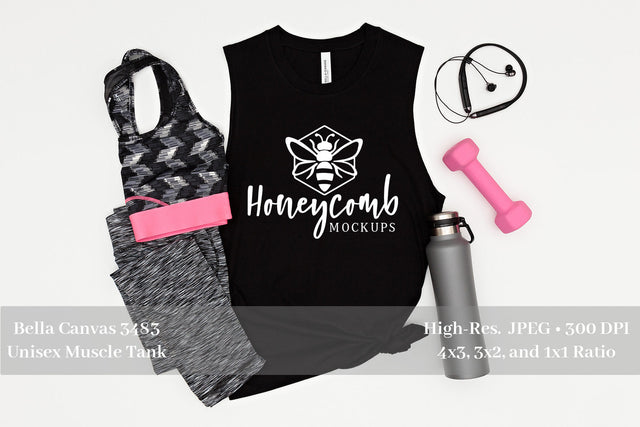 Black Bella Canvas 3483, Muscle Tank Mockup, Workout Mockup, Fitness Mockup, Sports Mockup Mock Up Photo Honeycomb Mockups 