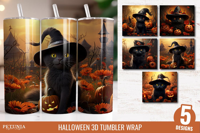 Black Cat Halloween 3D Tumbler Wrap, 3D Tumbler Sublimation Design Sublimation Petunia Digital Design 