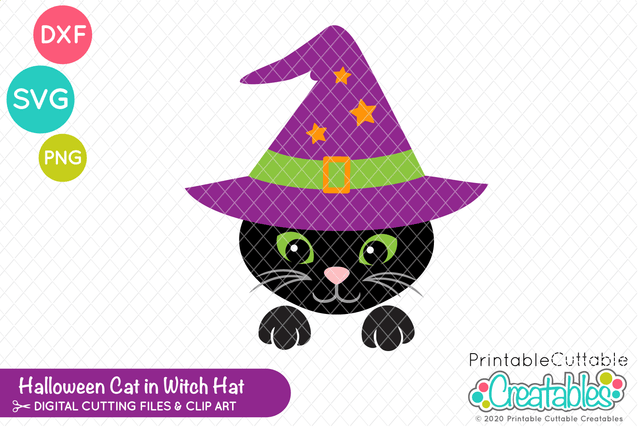 Black Cat in Witch Hat SVG SVG Printable Cuttable Creatables 
