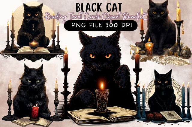 Black Cat Reading Tarot Cards Clipart BUNDLE Sublimation Regulrcrative 