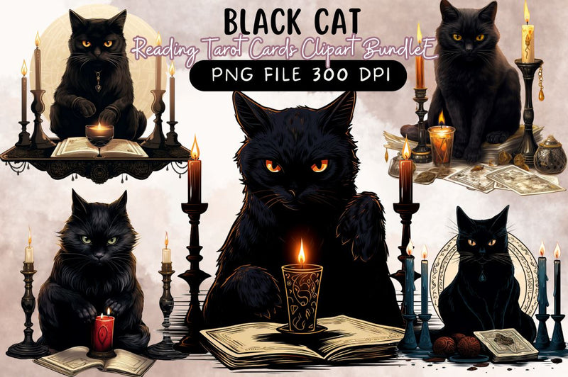 Black Cat Reading Tarot Cards Clipart BUNDLE Sublimation Regulrcrative 