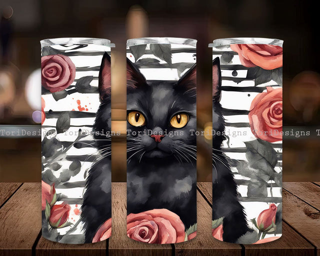 Black Cat Rose Lover, Cool Tumbler, Unique Tumbler, Halloween Black Cat Rose Tumbler Wrap 20oz Skinny Sublimation Tumbler Design PNG, Halloween Tumbler Striped Rose Tumbler Downloads Sublimation ToriDesigns 