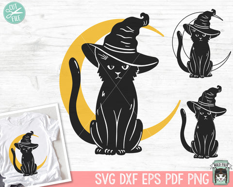 Black Cat SVG file, Witch Cat Svg Cut File, Cat Moon SVG, Halloween SVG File, Black Cat Witch Hat SVG, Black Cat png, Witchy SVG, Spooky SVG SVG Wild Pilot 