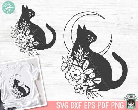 Black Cat SVG file, Witch Cat Svg Cut File, Cat Moon SVG, Halloween SVG File, Floral Cat Silhouette, Black Cat Flowers png, Witchy svg, Spooky svg SVG Wild Pilot 