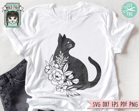 Black Cat SVG file, Witch Cat Svg Cut File, Cat Moon SVG, Halloween SVG File, Floral Cat Silhouette, Black Cat Flowers png, Witchy svg, Spooky svg SVG Wild Pilot 