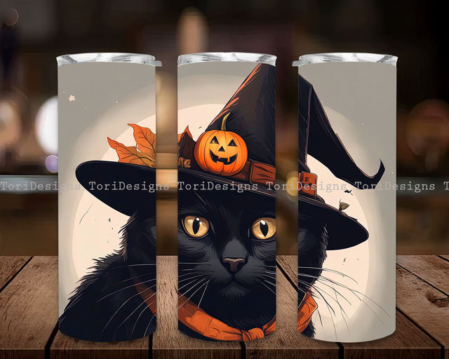 Black Cat Witch Halloween Tumbler Wrap, 20 oz Skinny Tumbler Sublimation Designs Straight Tumbler PNG, Instant Digital Download Sublimation ToriDesigns 