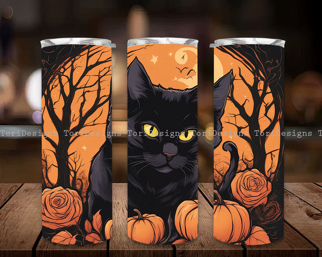 Black Cats Halloween Tumbler Wrap, Black Cats Wraps, Cute Halloween Tumbler, 20 Oz Skinny Tumbler, Tumbler Wrap, Black Cat Lover, Halloween Gift, Pumpkin Art Tumbler Sublimation ToriDesigns 