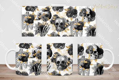 Black Floral Skull Mug PNG, Gothic Mug Png, 11Oz Mug Png Sublimation _HelArtShop_ 