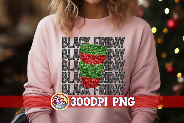 Black Friday Coffee Faux Sequin Embroidery PNG Sublimation Greedy Stitches 