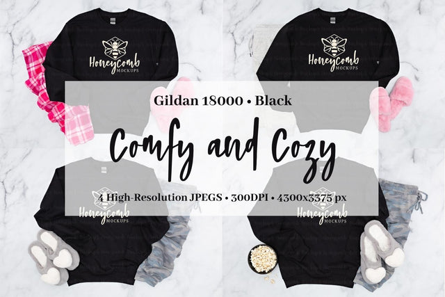 Black Gildan 18000 Sweatshirt Mockup Bundle, Women's Sweatshirt Mockup, Comfy and Cozy Mock Up Photo Honeycomb Mockups 