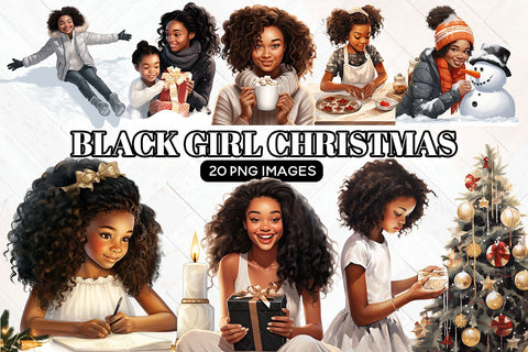 Black Girl Christmas Clipart, African American Xmas Clipart Sublimation BijouBay 