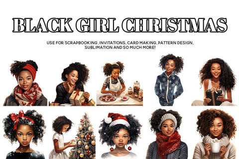 Black Girl Christmas Clipart, African American Xmas Clipart Sublimation BijouBay 