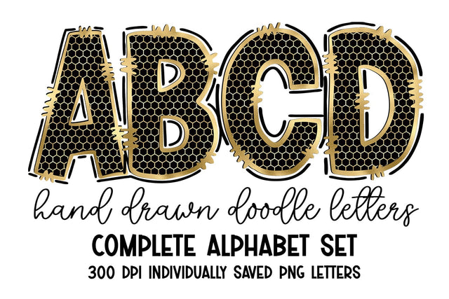 Black & Gold Honeycomb Doodle Letter Alpha Set Sublimation BijouBay 