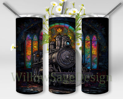 Black Locomotive 20oz Skinny Tumbler Png, Train Stained Glass Sublimation, Locomotive Tumbler, Vintage Train Tumbler Wrap Digital Download Sublimation WillowSageDesign 
