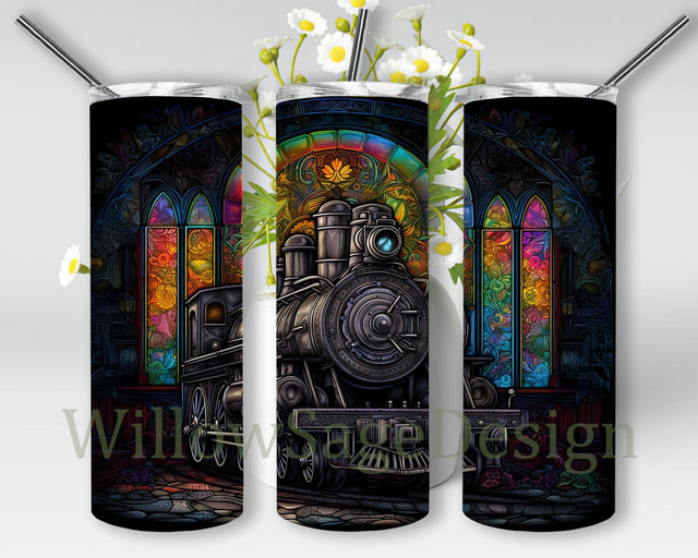 Black Locomotive 20oz Skinny Tumbler Png, Train Stained Glass Sublimation, Locomotive Tumbler, Vintage Train Tumbler Wrap Digital Download Sublimation WillowSageDesign 