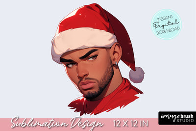 Black Man in Santa Hat, Male Christmas Sublimation Design Sublimation OrangeBrushStudio 