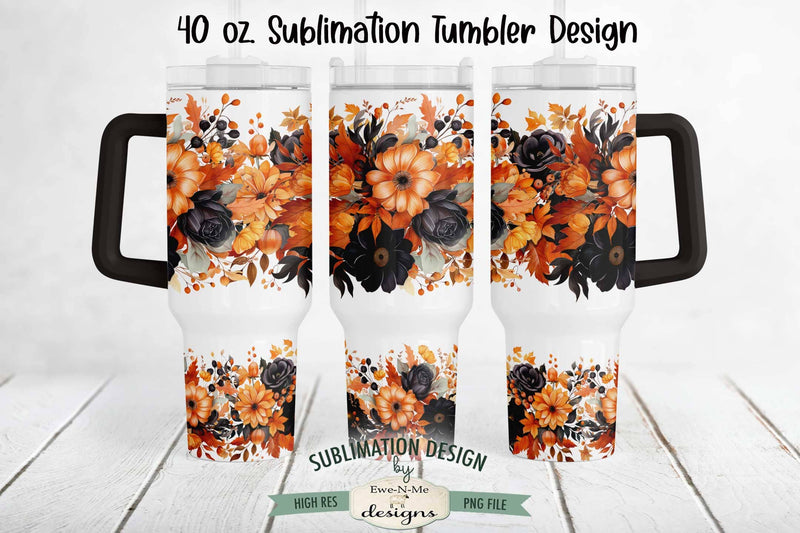 Black Orange Flowers 40 oz Sublimation Tumbler Design Sublimation Ewe-N-Me Designs 