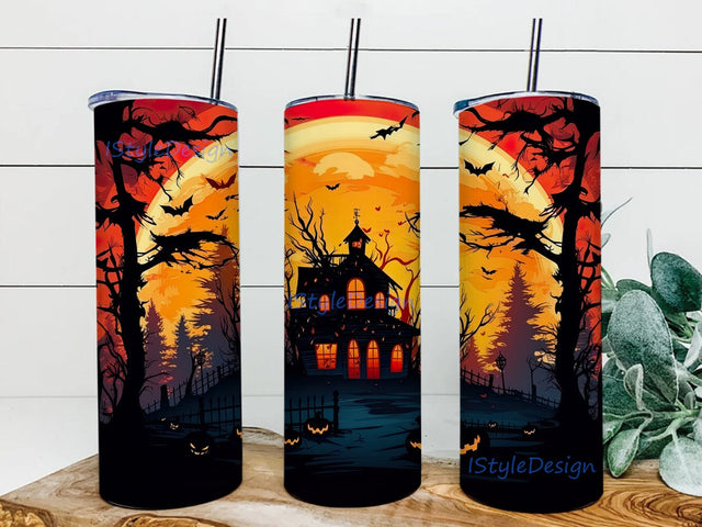 Black Silhouettes Halloween Haunted House 20oz Skinny Tumbler Png, Scary Pumpkin, Bright Sky, Mmoon, Bright Colors, Halloween House Tumbler, Bat Halloween Tumbler Sublimation iStyleDesign 