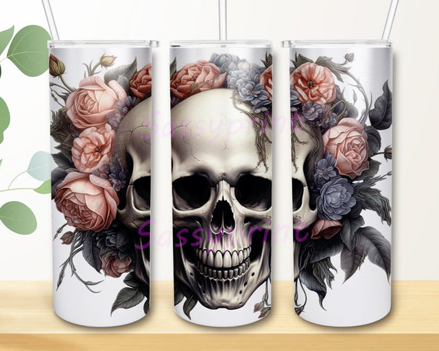Black Skull And Roses 20oz Skinny Tumbler Png, Gray Skull Flower Png, Floral Skull Tumbler Wrap, Skull Tumbler Png, 3D Gothic Flowers Skull Png Sublimation sassyprint 