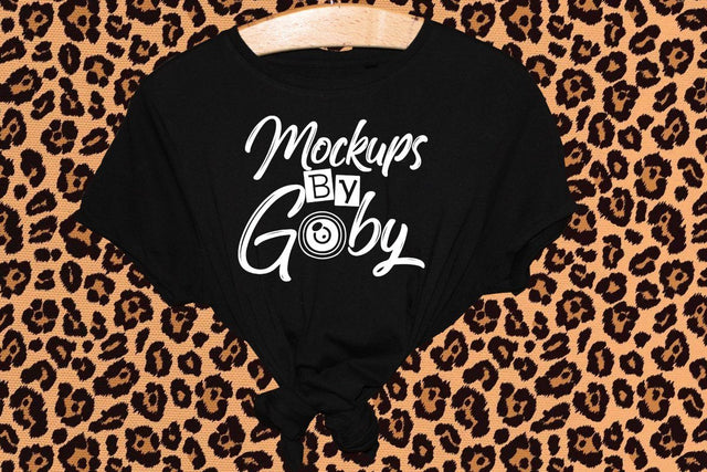 Black T-shirt Hanging Mockup, leopard print background,on sale Mock Up Photo ArtStudio 