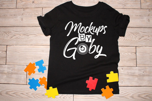 Black T-shirt Mockups, Child Autism Mocku Ups, Puzzle Pieces, Digital Image Mockup, picture, Logo Free,Toddler Clothes, Flat Lay, Jpeg Image Mock Up Photo ArtStudio 