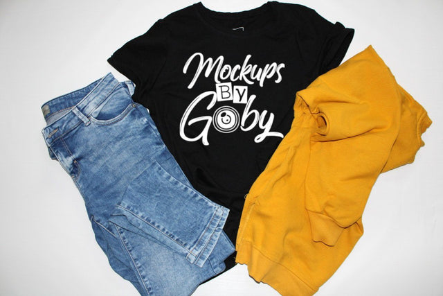 Black T-shirt Mockups, Jeans Template, Rolled Sleeve, Shirt Mock Up, Bella Canvas 3001 Tshirt,Flat Lays Pictures, Digital,Download Jpg Files Mock Up Photo ArtStudio 