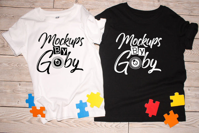 Black & White T-shirt Mockups, Child Autism Mocku Ups, Puzzle Pieces, Digital Image Mockup, picture, Logo Free,Toddler Clothes, Flat Lay, Mock Up Photo ArtStudio 