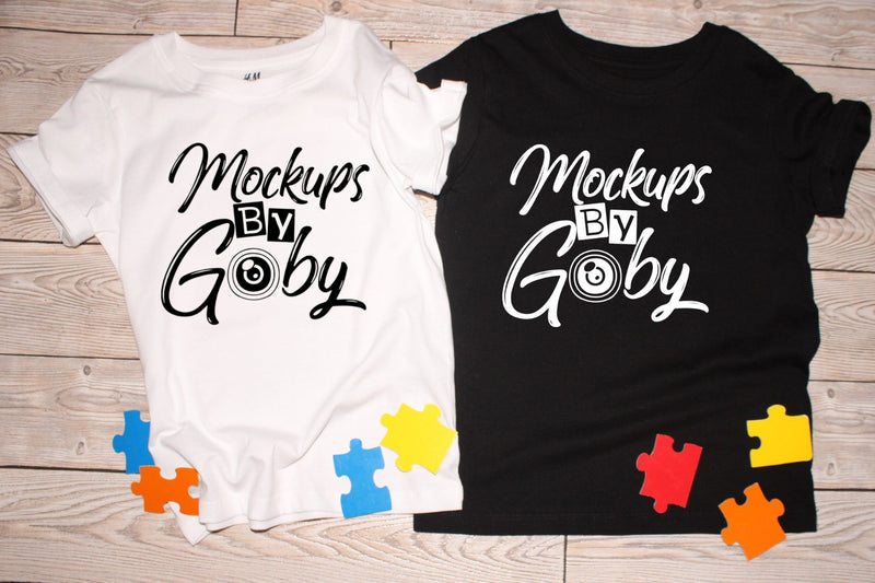 Black & White T-shirt Mockups, Child Autism Mocku Ups, Puzzle Pieces, Digital Image Mockup, picture, Logo Free,Toddler Clothes, Flat Lay, Mock Up Photo ArtStudio 